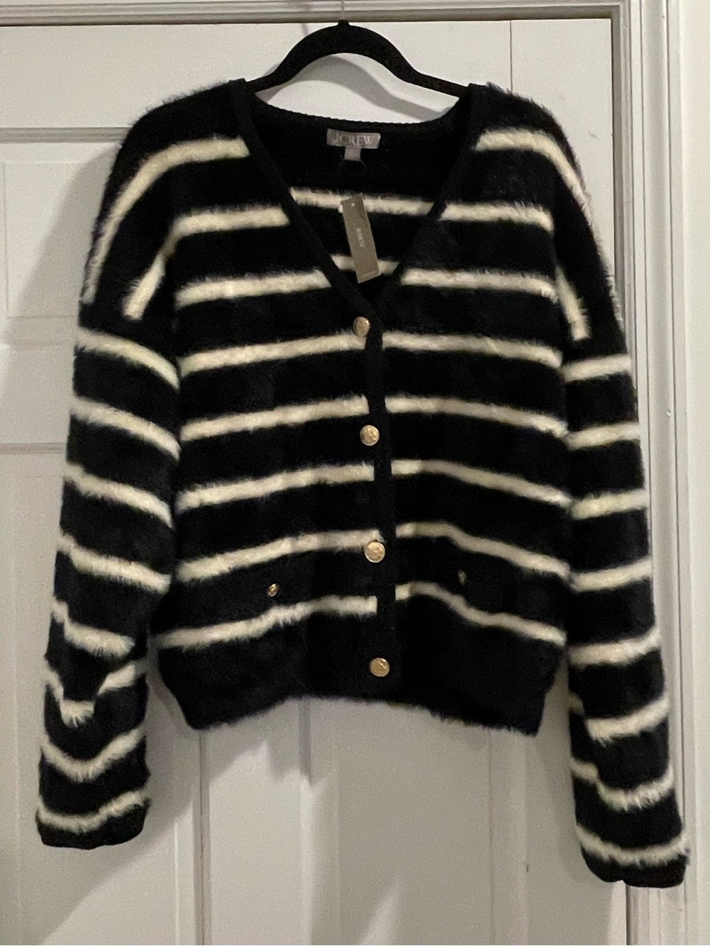 NWOT J. Crew Black and White Striped Fuzzy V-Neck Cardigan with Gold Buttons